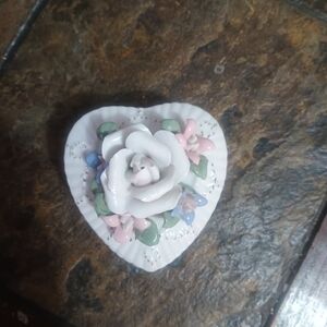 Vintage Badcock Heart Shaped Trinket Box With Porcelain Roses
